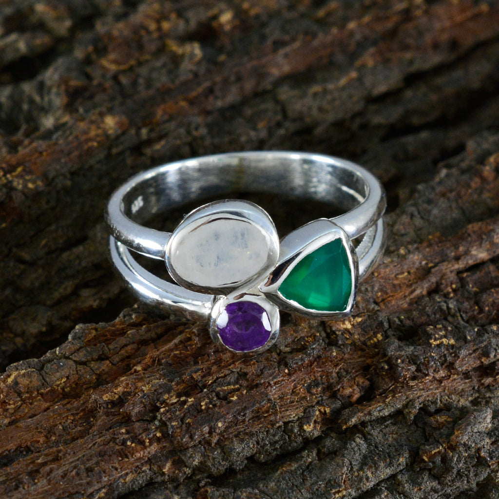 Multi Stone Trilogy German Sterling Silver multicolor Gemstones Minimal Sophisticated Ring Jewellery