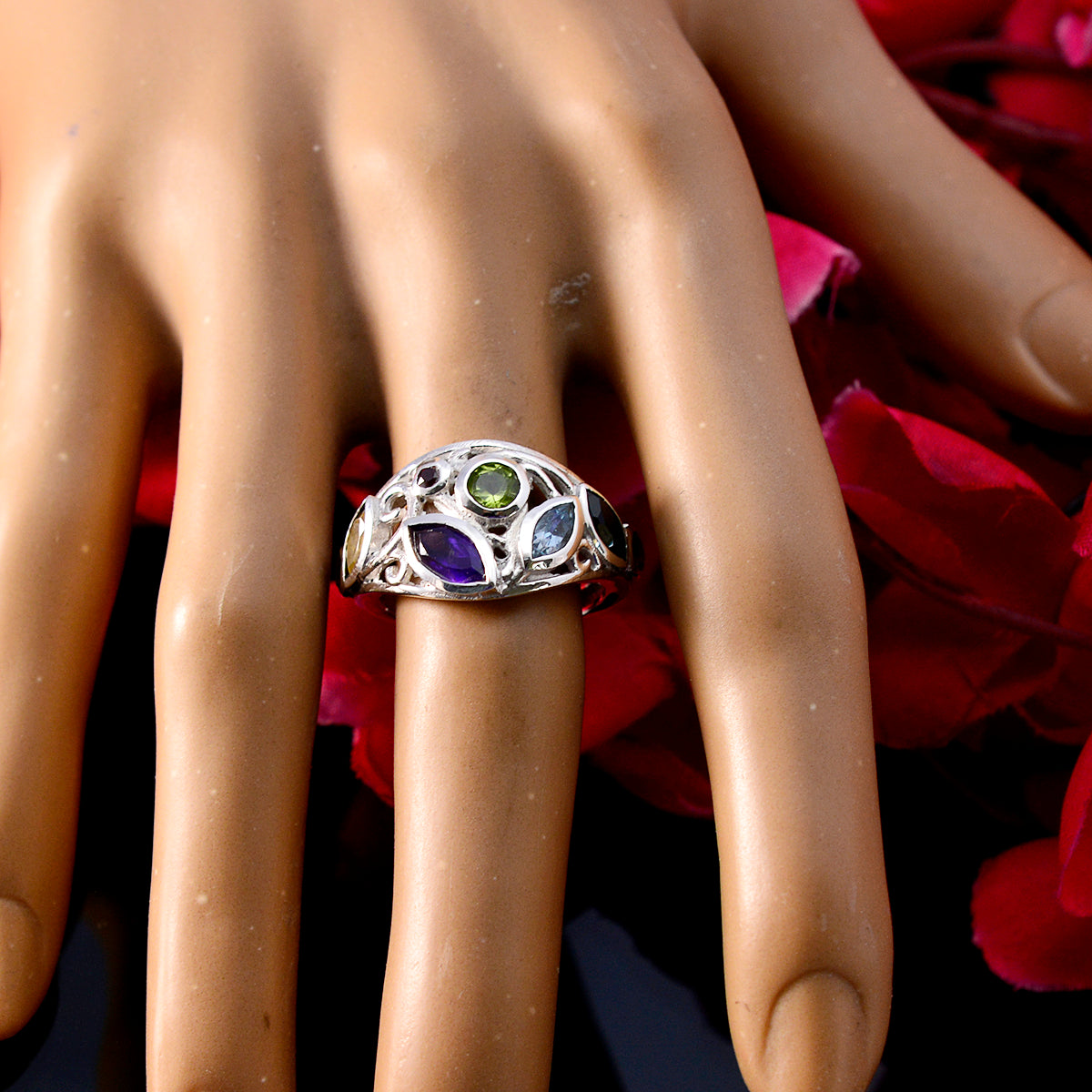 Multi Stone multiple German 925 Silver multicolor Gemstones Minimal Boho Ring Jewellery