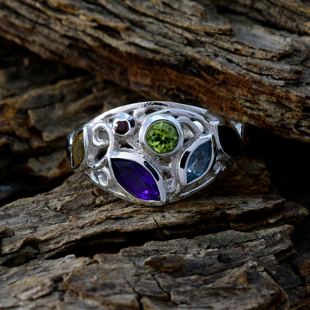 Multi Stone multiple German 925 Silver multicolor Gemstones Minimal Boho Ring Jewellery