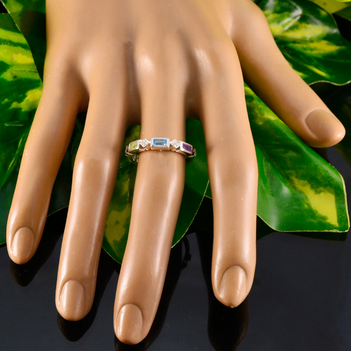 Multi Stone quarter Japanese 925 Sterling Silver multicolor Gemstones Dainty Trendy Band Jewellery