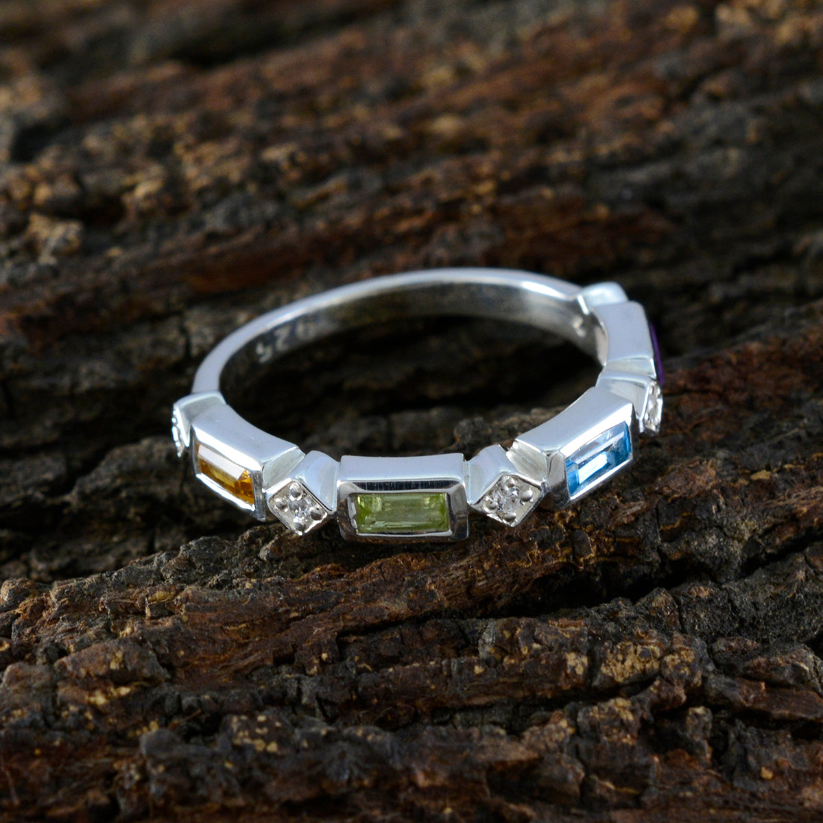 Multi Stone quarter Japanese 925 Sterling Silver multicolor Gemstones Dainty Trendy Band Jewellery