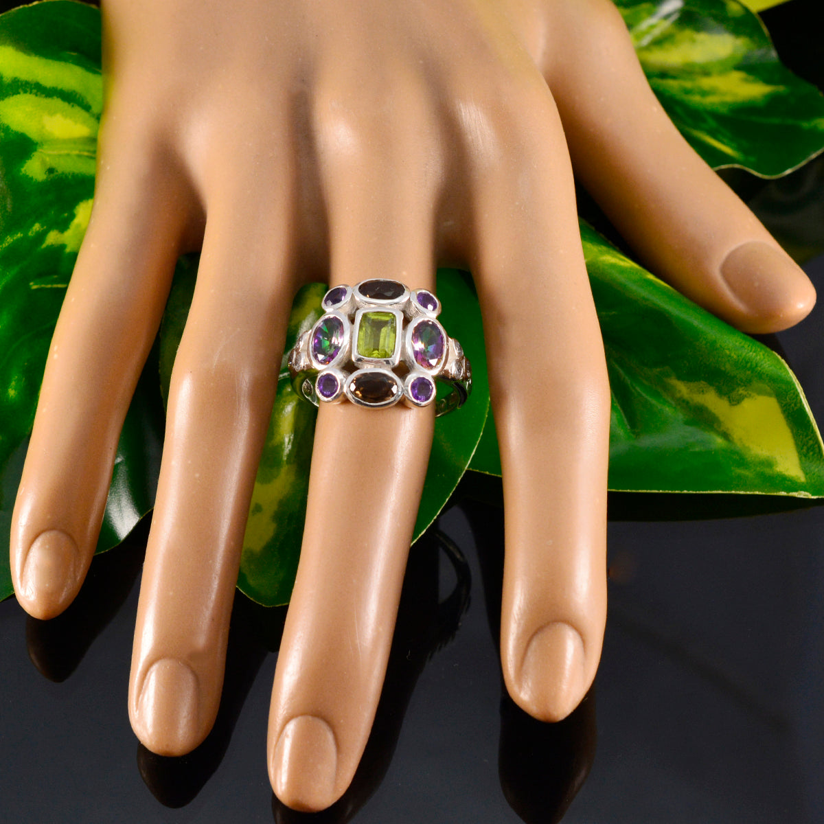 Multi Stone Navratna African 92.5 Silver multicolor Gemstone Classic Cocktail Ring Jewellery