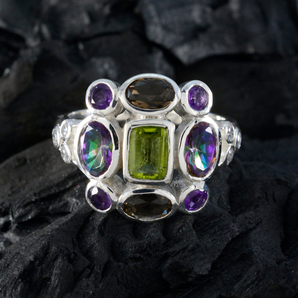 Multi Stone Navratna African 92.5 Silver multicolor Gemstone Classic Cocktail Ring Jewellery