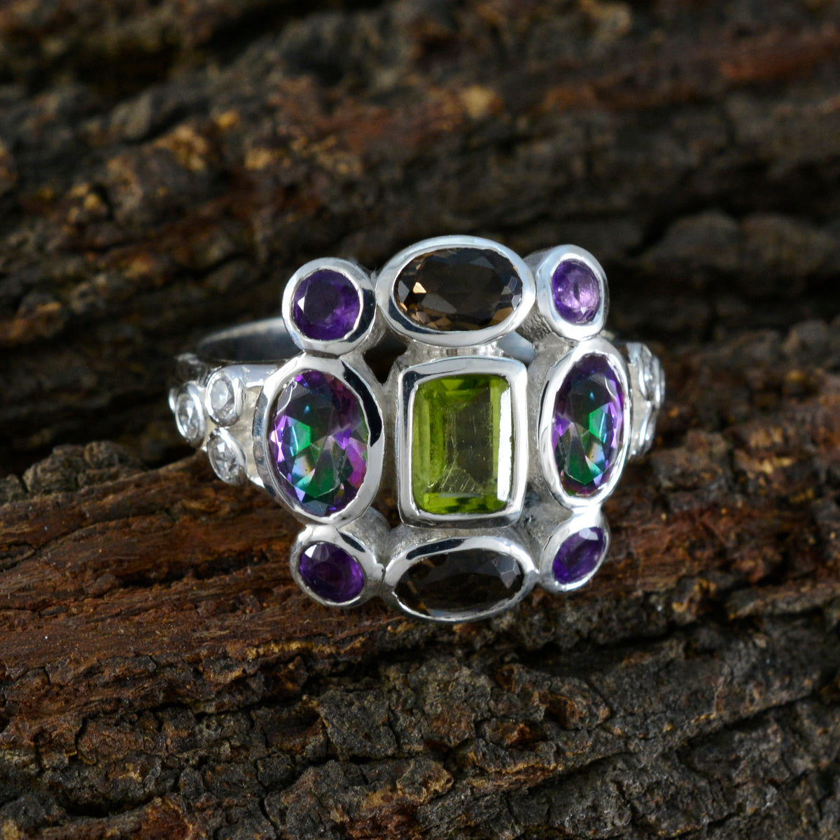 Multi Stone Navratna African 92.5 Silver multicolor Gemstone Classic Cocktail Ring Jewellery