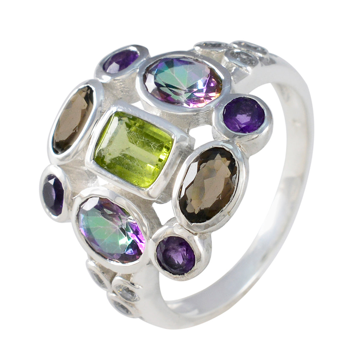 Anello da cocktail classico con pietra preziosa multicolore in argento 92,5 Navratna africano multi pietra Immagine secondaria del prodotto