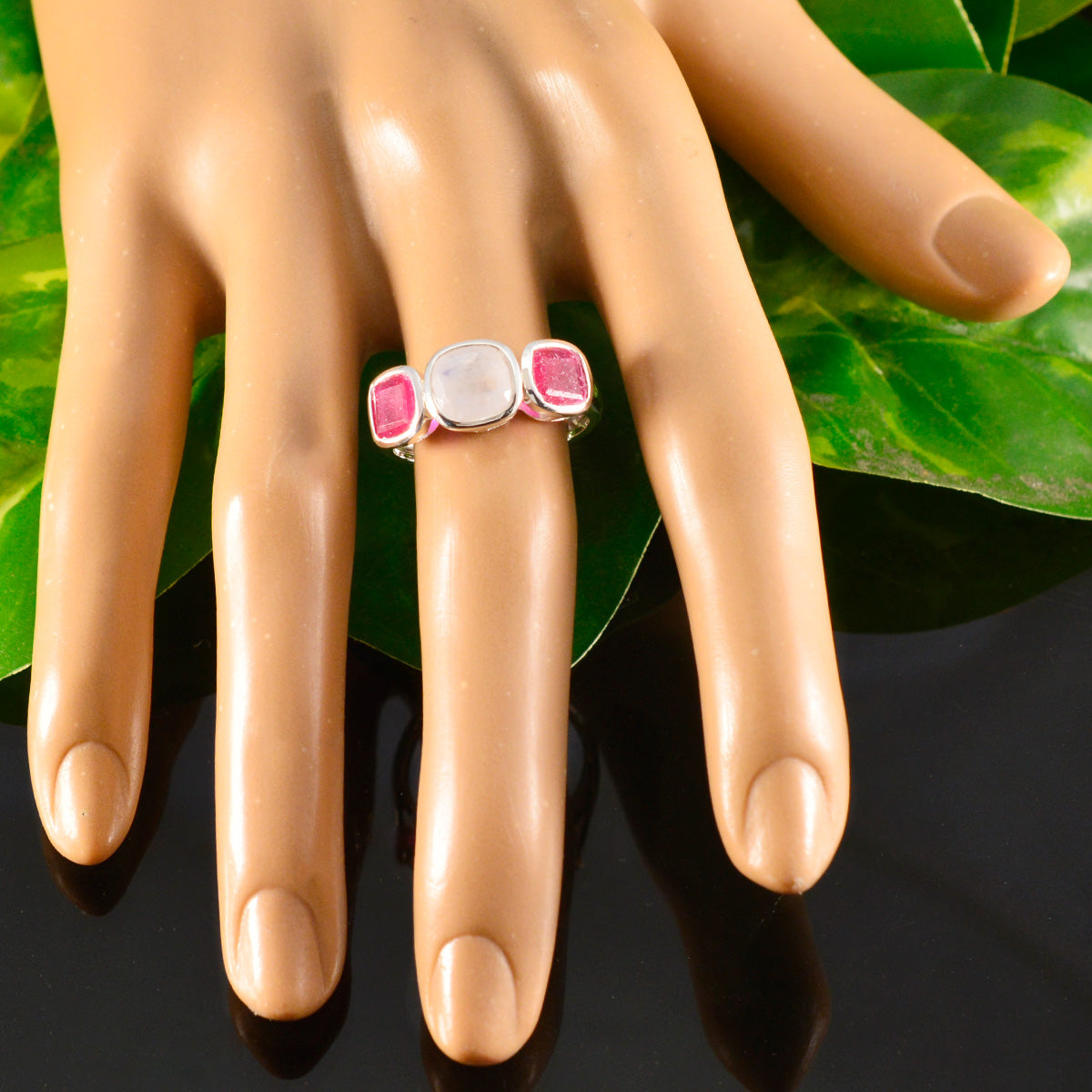 Multi Stone Trilogy Indian Silver multicolor Gemstone Slim Contemporary Ring Jewelry