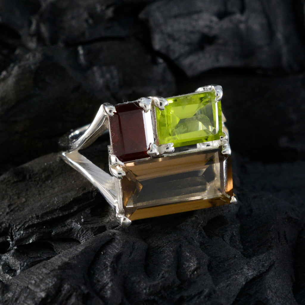 Multi Stone Trilogy Russian 925 Silver multicolor Gemstones Classic Trendy Ring Jewellery