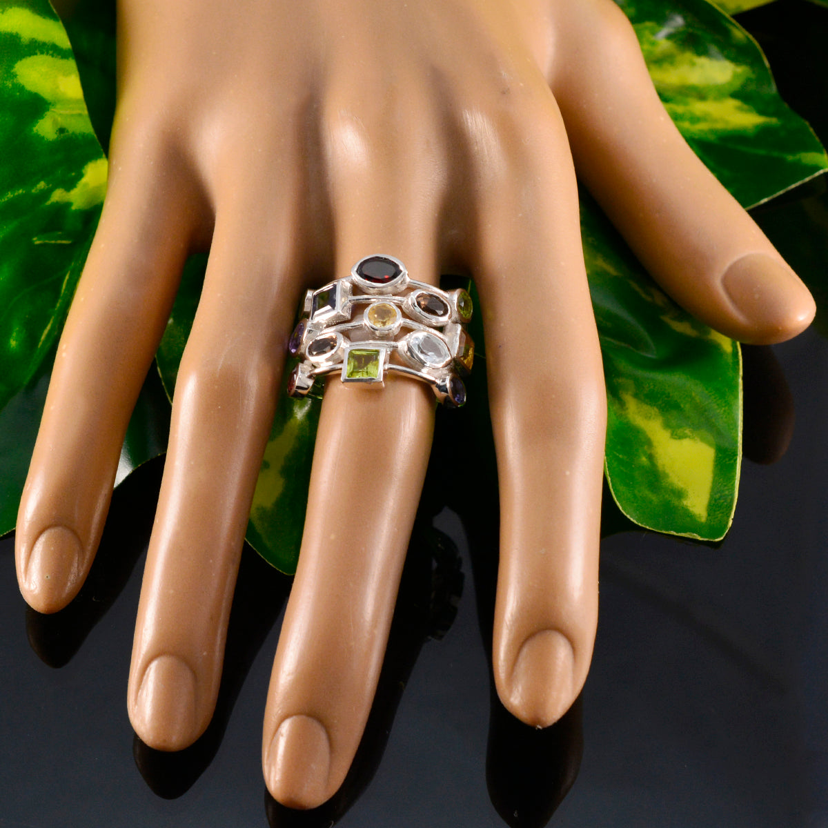 Multi Stone multiple Russian Sterling Silver multicolor Gemstones Eye catching Cocktail Ring Jewelry