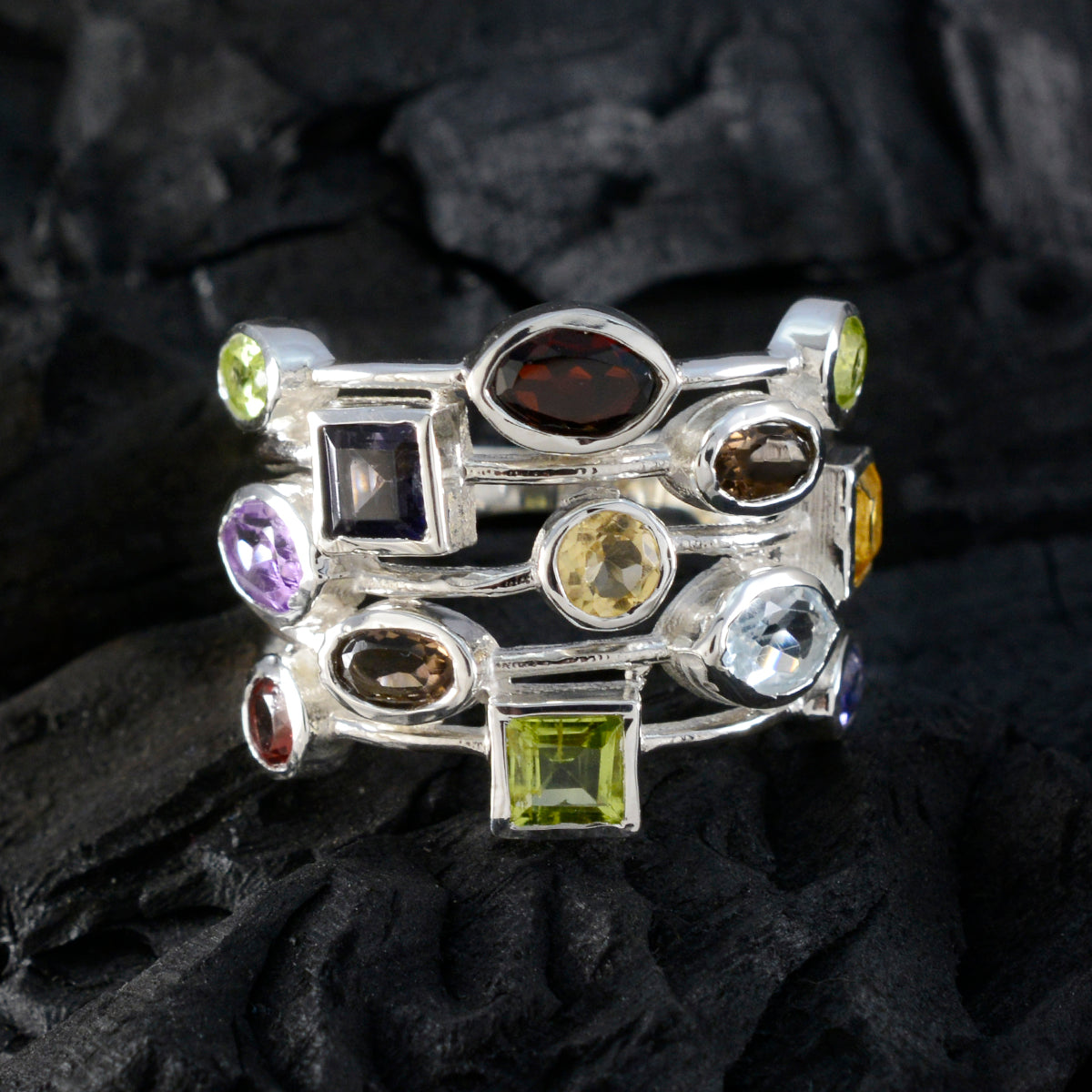 Multi Stone multiple Russian Sterling Silver multicolor Gemstones Eye catching Cocktail Ring Jewelry