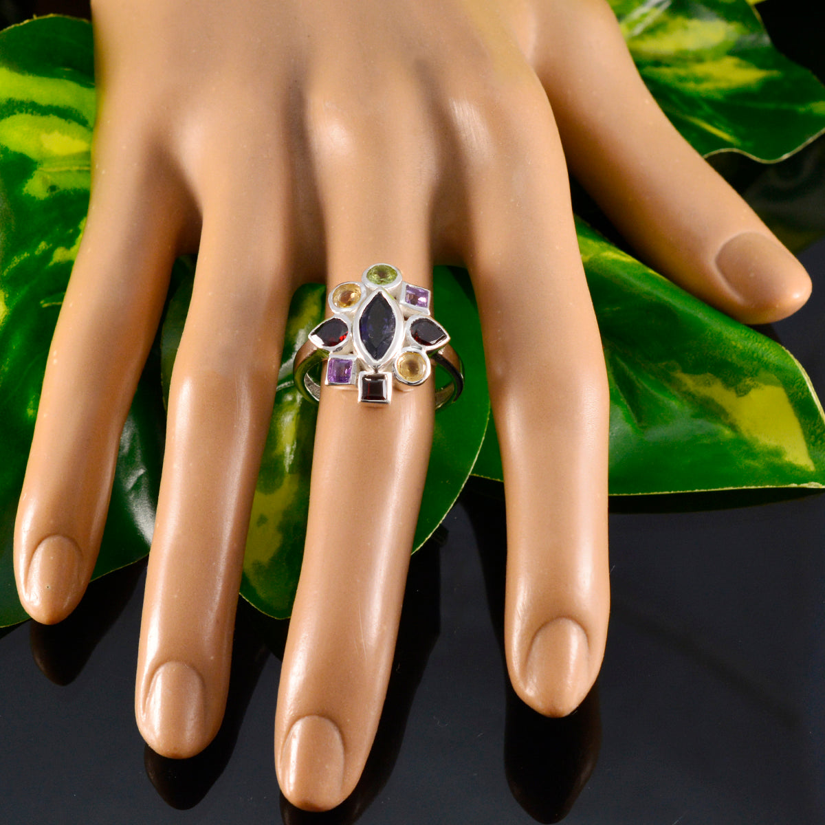 Multi Stone navratna Russian 925 Silver multicolor Gems Eye catching Cocktail Ring Jewelry