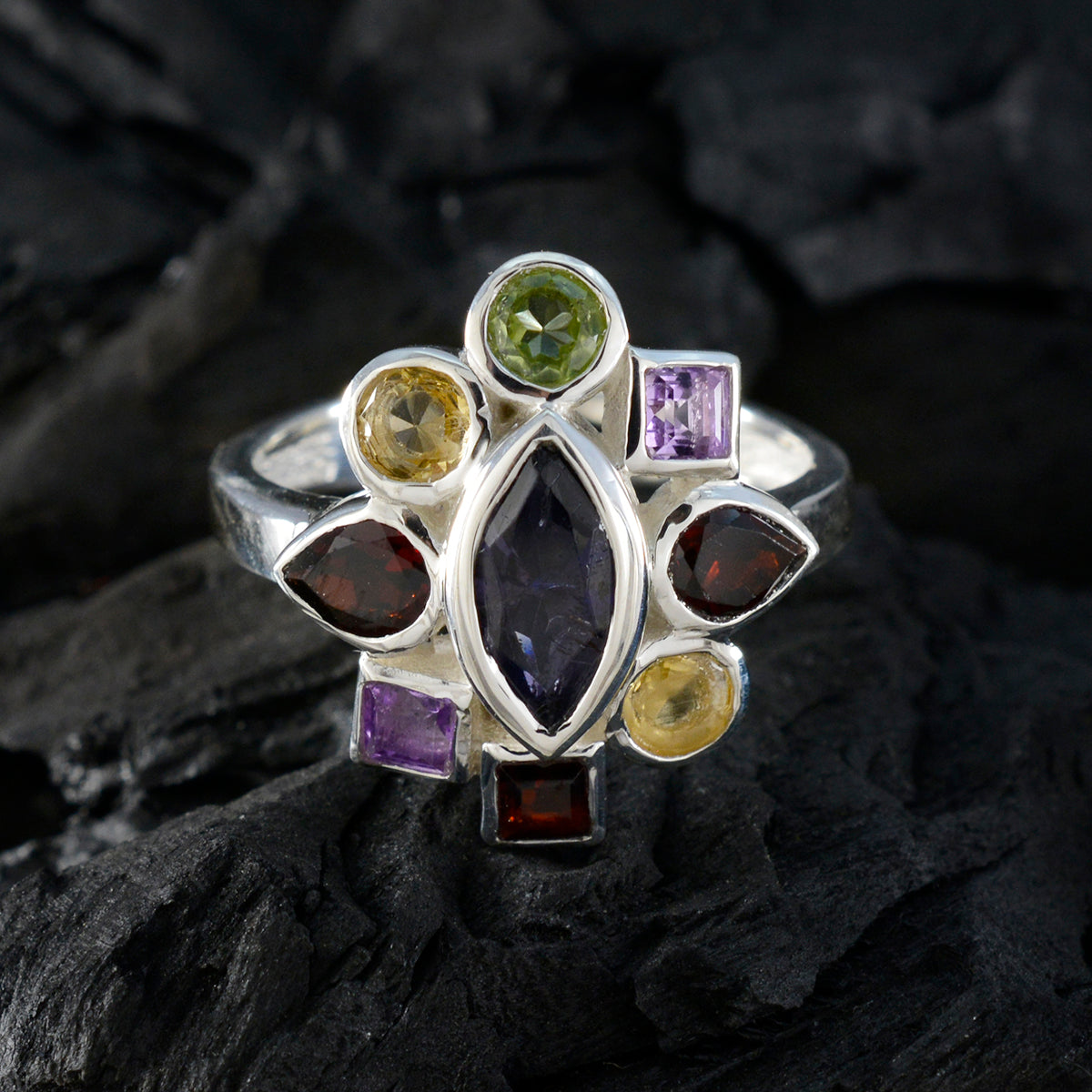 Multi Stone navratna Russian 925 Silver multicolor Gems Eye catching Cocktail Ring Jewelry