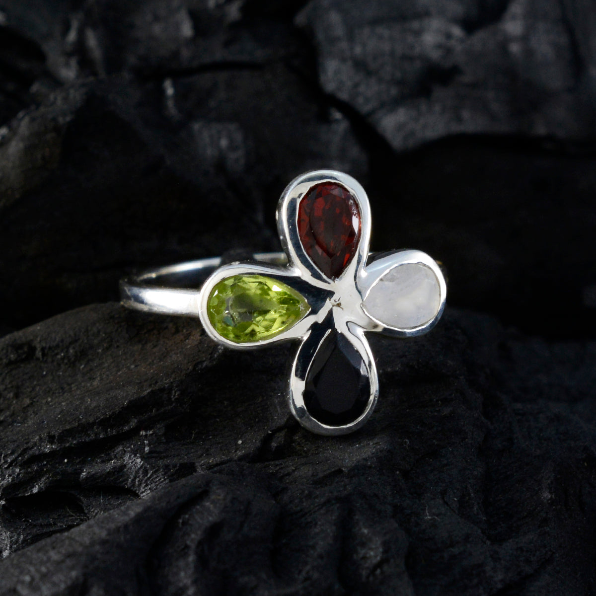 Multi Stone quarter Turkish Sterling Silver multicolor Gemstone Dainty Floral Ring Jewellery