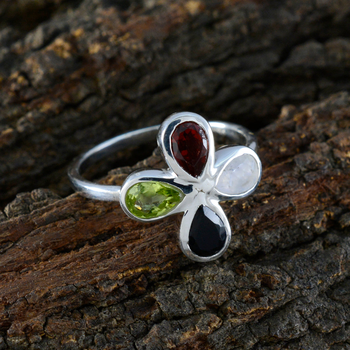 Multi Stone quarter Turkish Sterling Silver multicolor Gemstone Dainty Floral Ring Jewellery