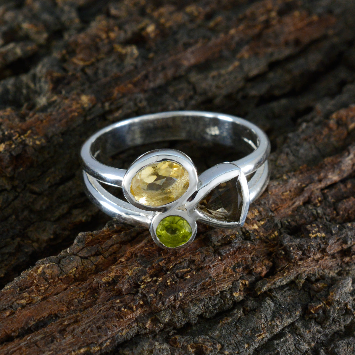 Multi Stone Trilogy Indian 925 Silver multicolor Gems Minimal Modern Ring Jewelry