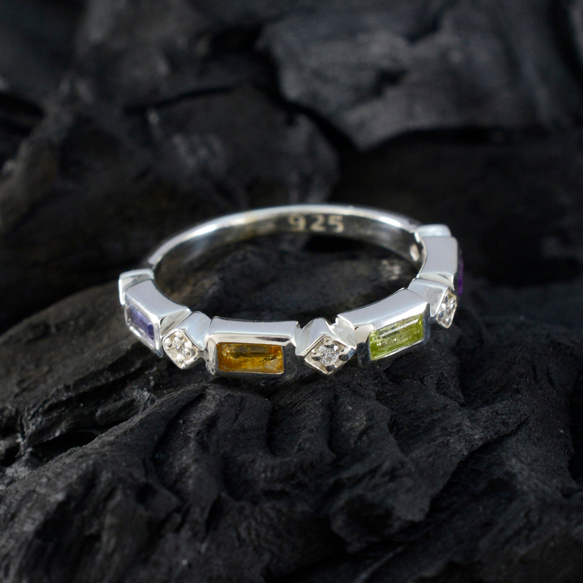 Multi Stone quarter Turkish Silver multicolor Gems Dainty Trendy Band Jewelry