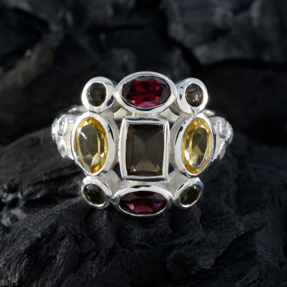Multi Stone Navratna Russian 925 Sterling Silver multicolor Gemstones Classic Cocktail Ring Jewelry