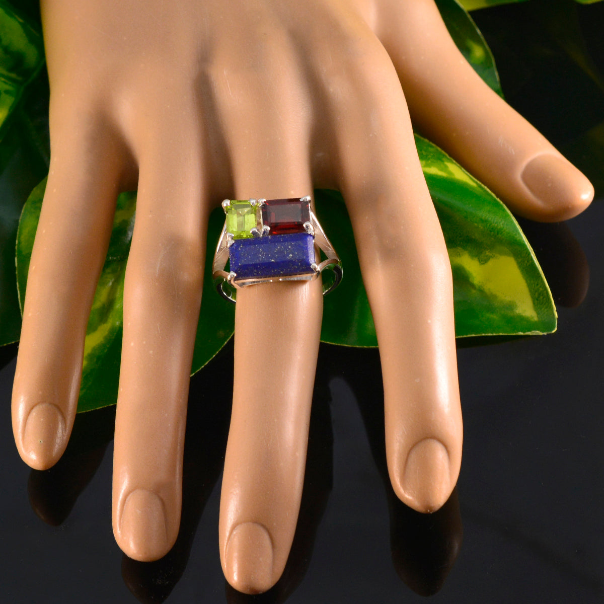 Multi Stone Trilogy Moroccan 92.5 Silver multicolor Gems Classic Trendy Ring Jewelry