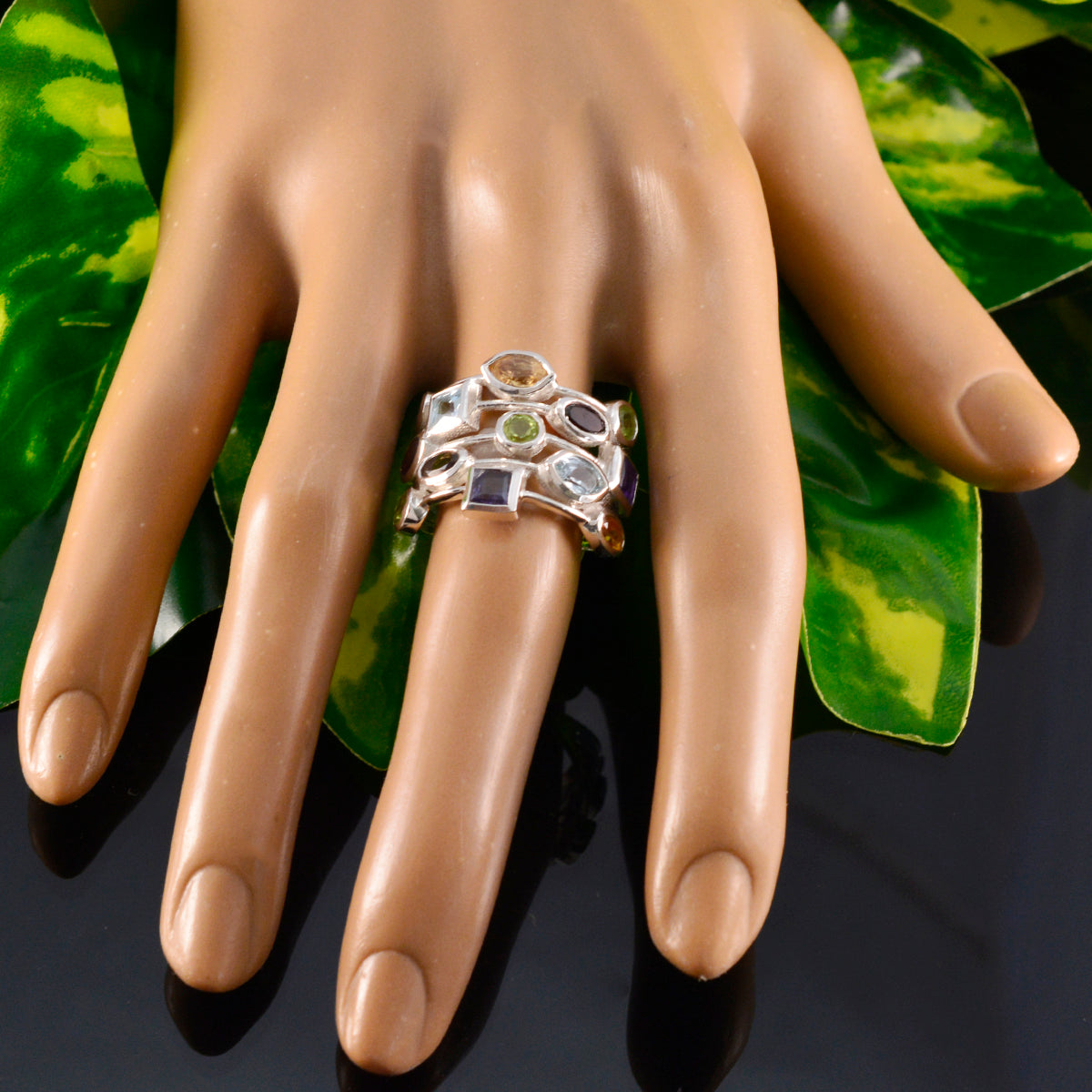 Multi Stone multiple Moroccan 925 Silver multicolor Gems Eye catching Cocktail Ring Jewellery