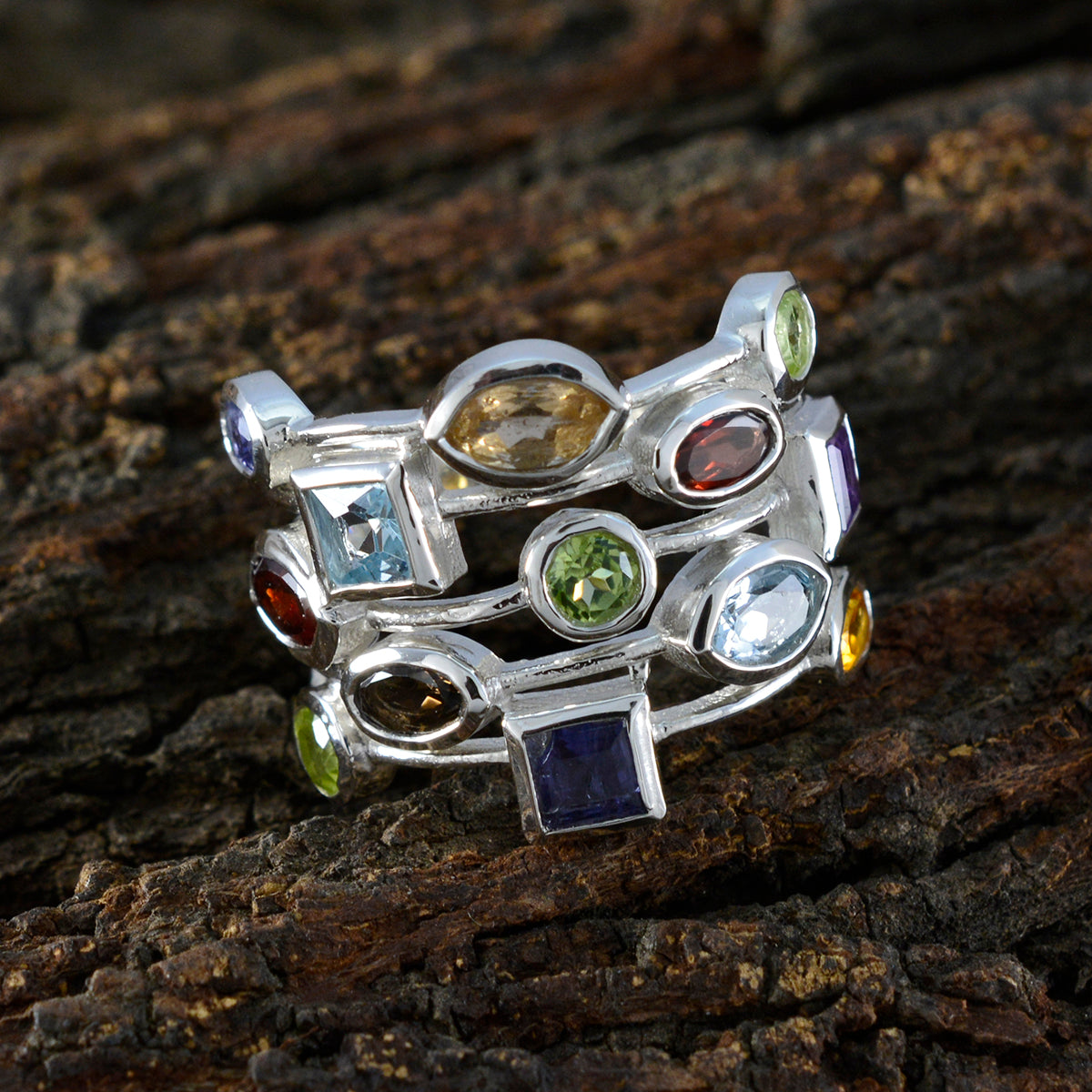 Multi Stone multiple Moroccan 925 Silver multicolor Gems Eye catching Cocktail Ring Jewellery