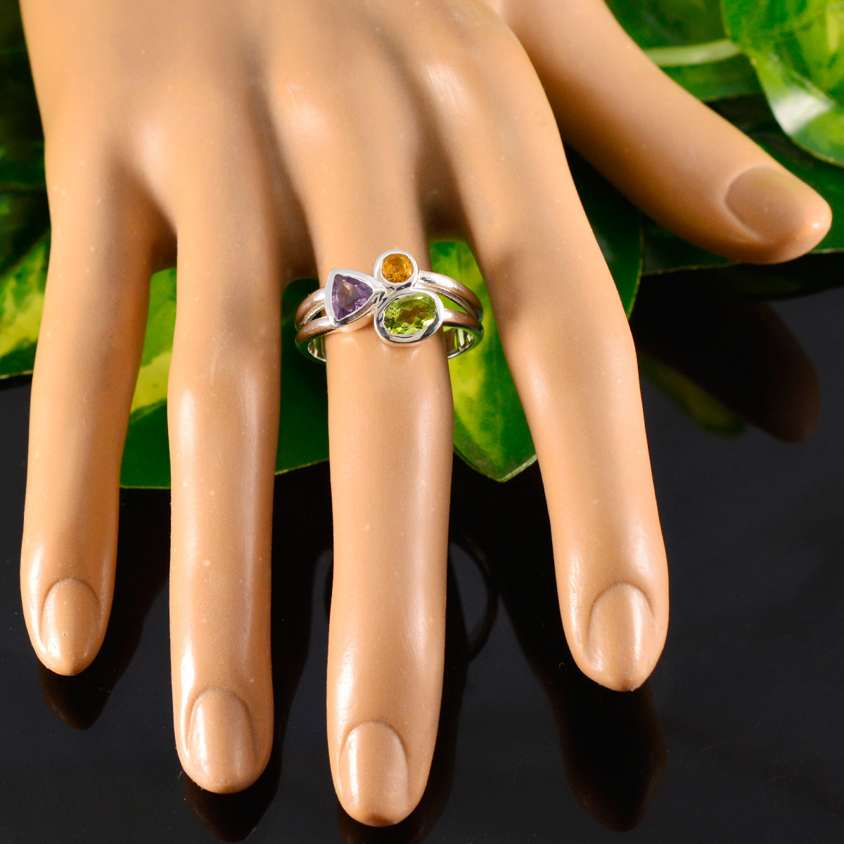 Multi Stone Trilogy African 92.5 Silver multicolor Gemstone Minimal Contemporary Ring Jewellery