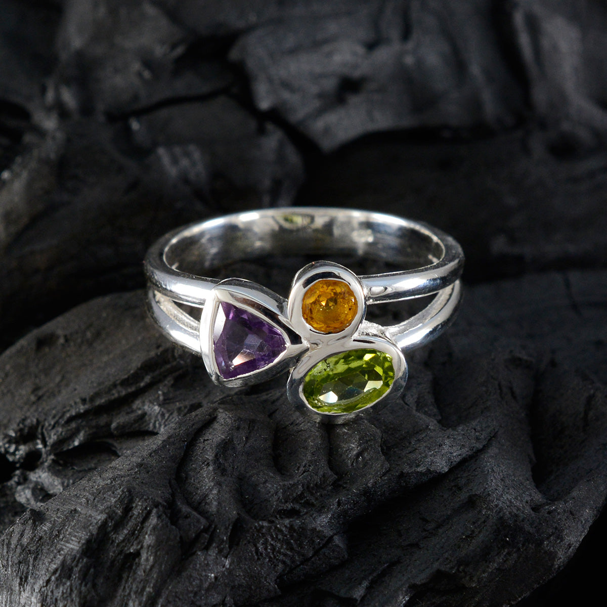 Multi Stone Trilogy African 92.5 Silver multicolor Gemstone Minimal Contemporary Ring Jewellery