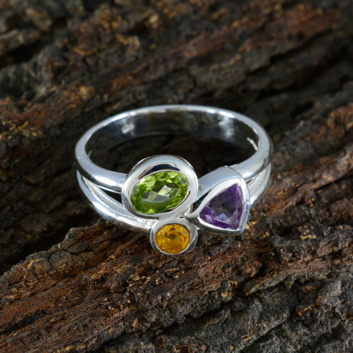 Multi Stone Trilogy African 92.5 Silver multicolor Gemstone Minimal Contemporary Ring Jewellery