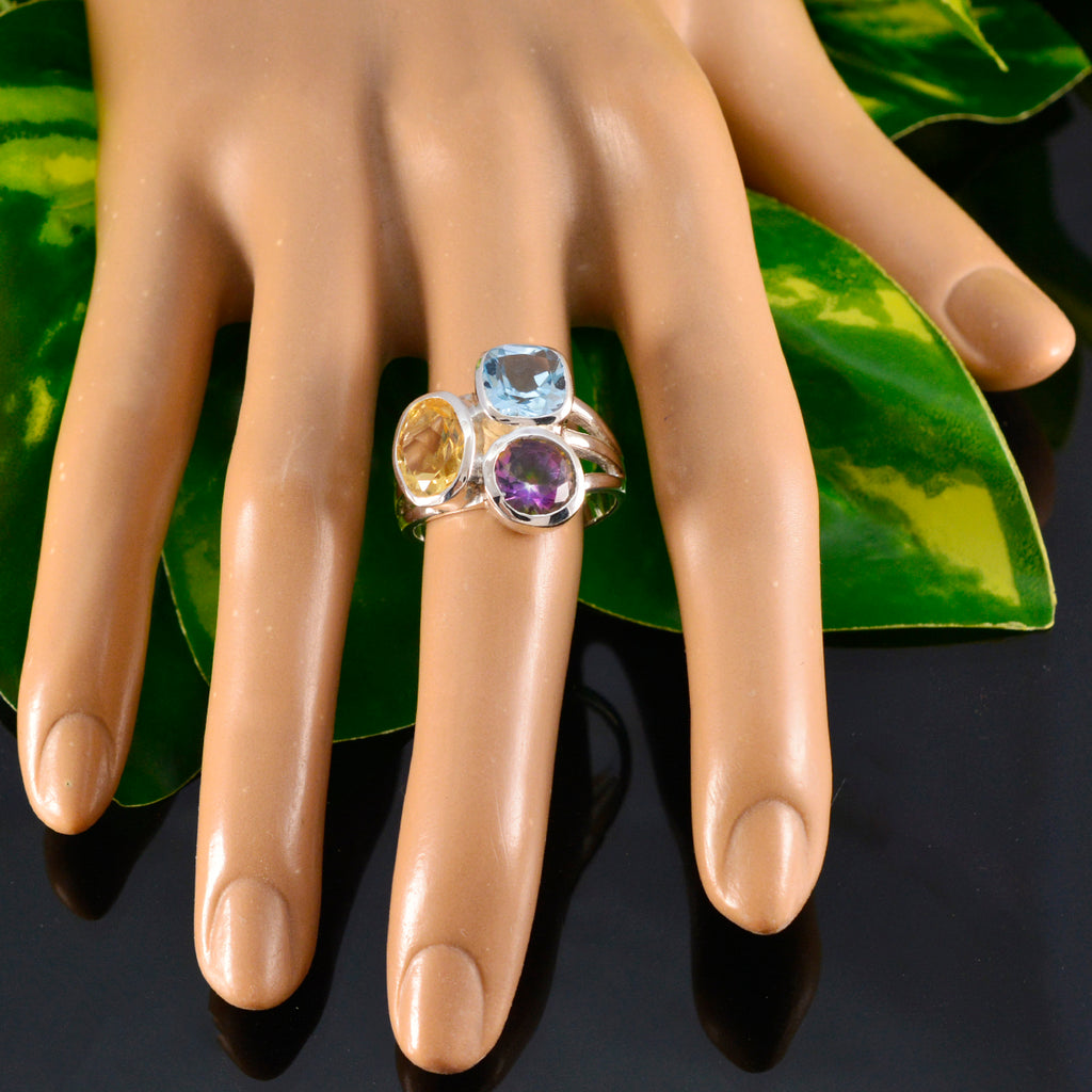 Multi Stone Trilogy Moroccan 925 Sterling Silver multicolor Gemstones Eye catching Cocktail Ring Jewellery