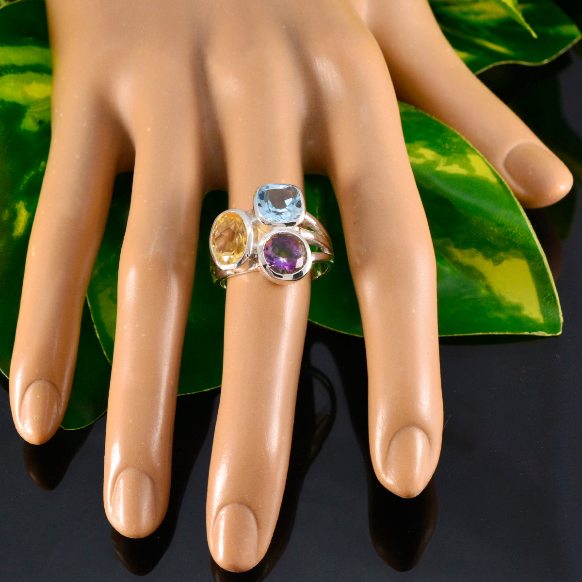 Multi Stone Trilogy Moroccan 925 Sterling Silver multicolor Gemstones Eye catching Cocktail Ring Jewellery