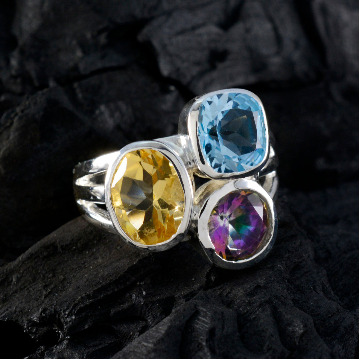 Multi Stone Trilogy Moroccan 925 Sterling Silver multicolor Gemstones Eye catching Cocktail Ring Jewellery