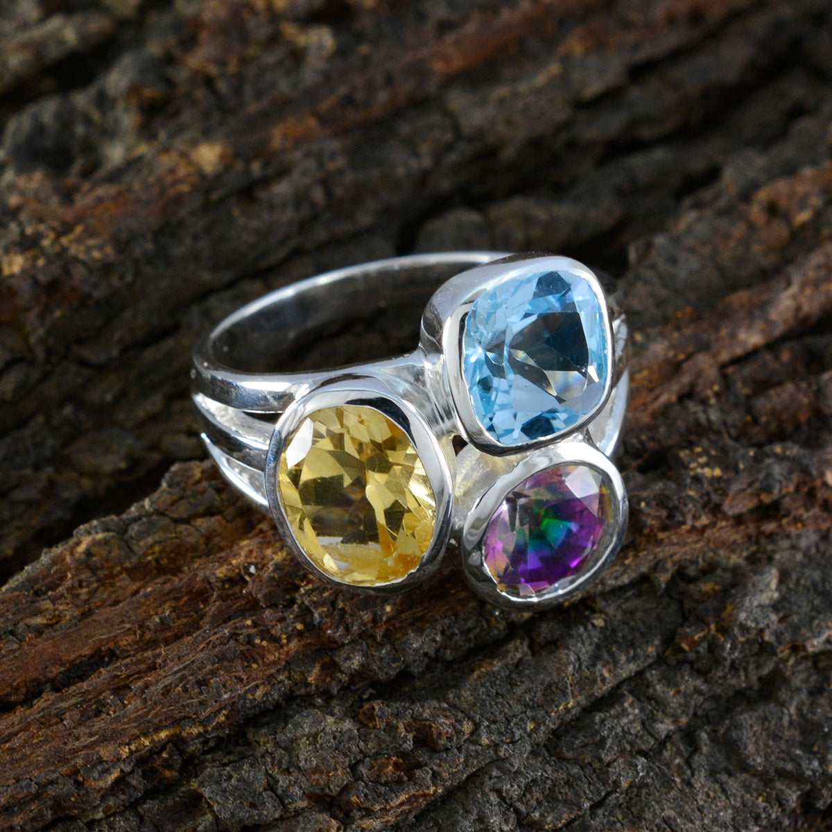Multi Stone Trilogy Moroccan 925 Sterling Silver multicolor Gemstones Eye catching Cocktail Ring Jewellery