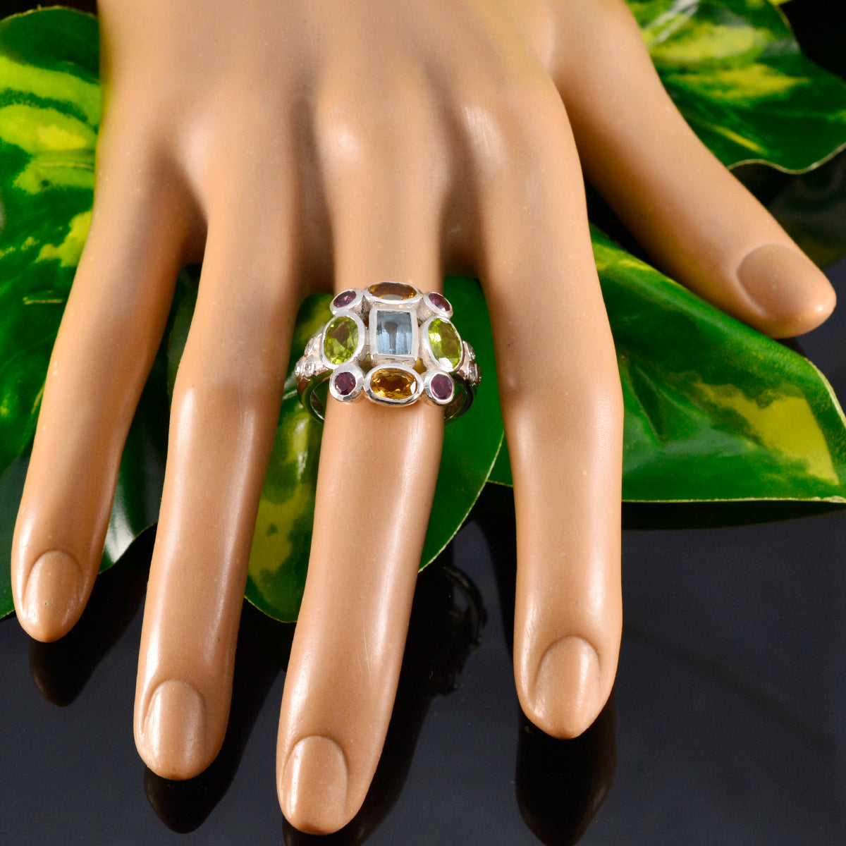 Multi Stone Navratna Moroccan Silver multicolor Gems Classic Cocktail Ring Jewellery