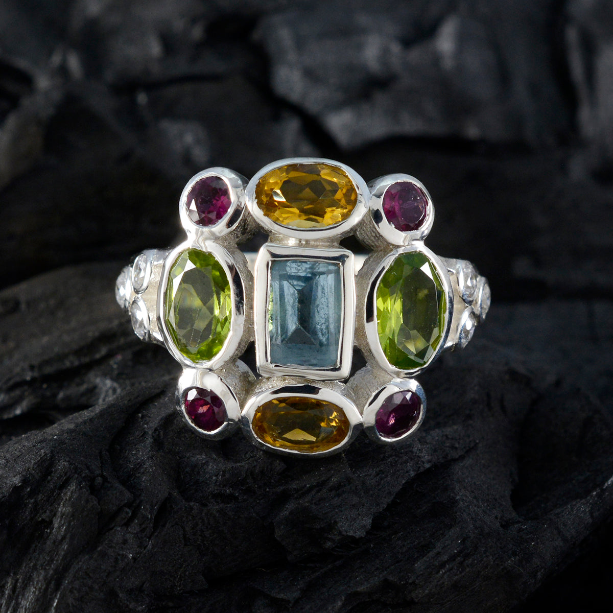 Multi Stone Navratna Moroccan Silver multicolor Gems Classic Cocktail Ring Jewellery