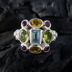 Multi Stone Navratna Moroccan Silver multicolor Gems Classic Cocktail Ring Jewellery