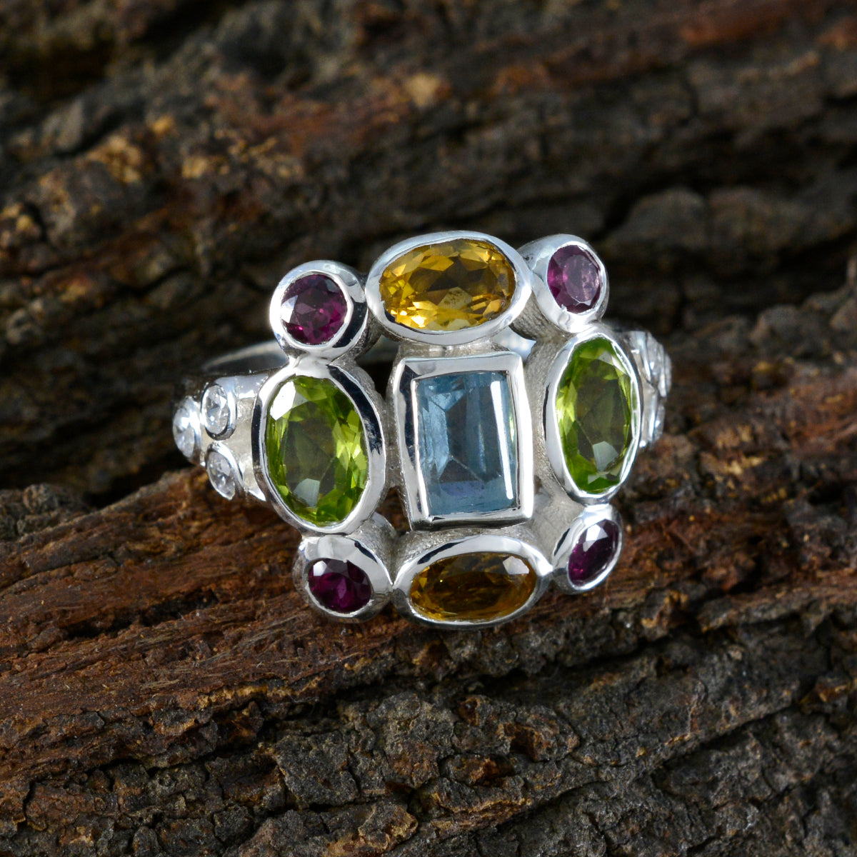 Multi Stone Navratna Moroccan Silver multicolor Gems Classic Cocktail Ring Jewellery