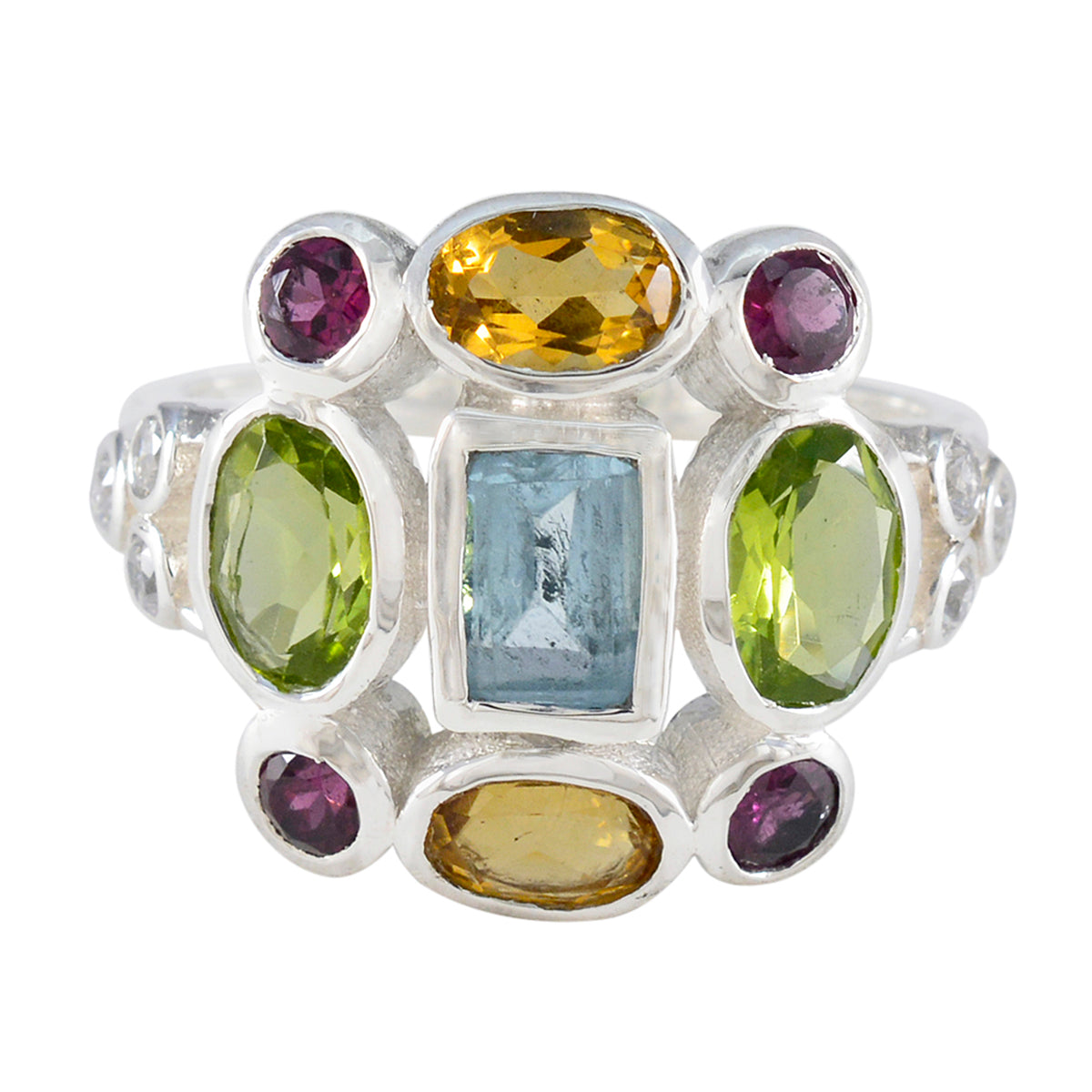 Multi Stone Navratna Moroccan Silver multicolor Gems Classic Cocktail Ring Jewellery Huvudsaklig produktbild