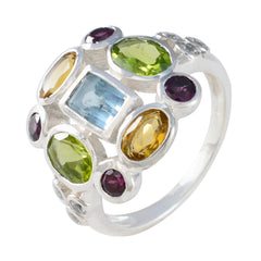 Multi Stone Navratna Moroccan Silver multicolor Gems Classic Cocktail Ring Jewellery