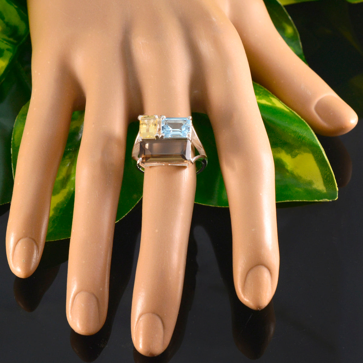 Multi Stone Trilogy Egyptian 925 Sterling Silver multicolor Gemstone Classic Trendy Ring Jewellery