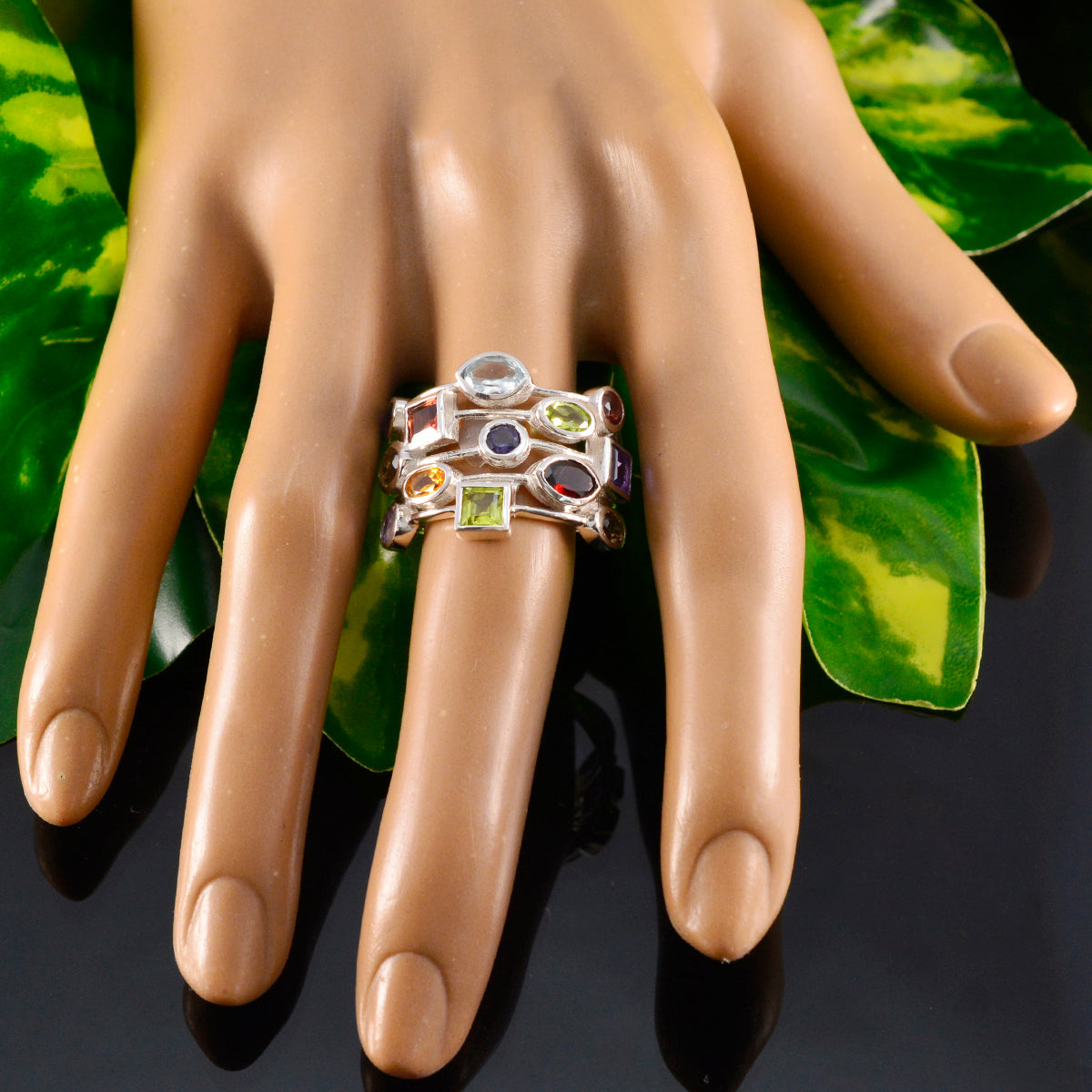 Multi Stone multiple Egyptian 92.5 Silver multicolor Gemstone Eye catching Cocktail Ring Jewelry