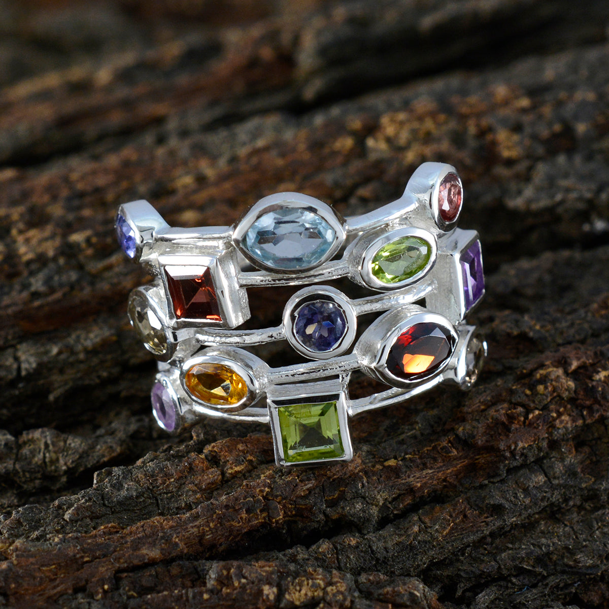 Multi Stone multiple Egyptian 92.5 Silver multicolor Gemstone Eye catching Cocktail Ring Jewelry