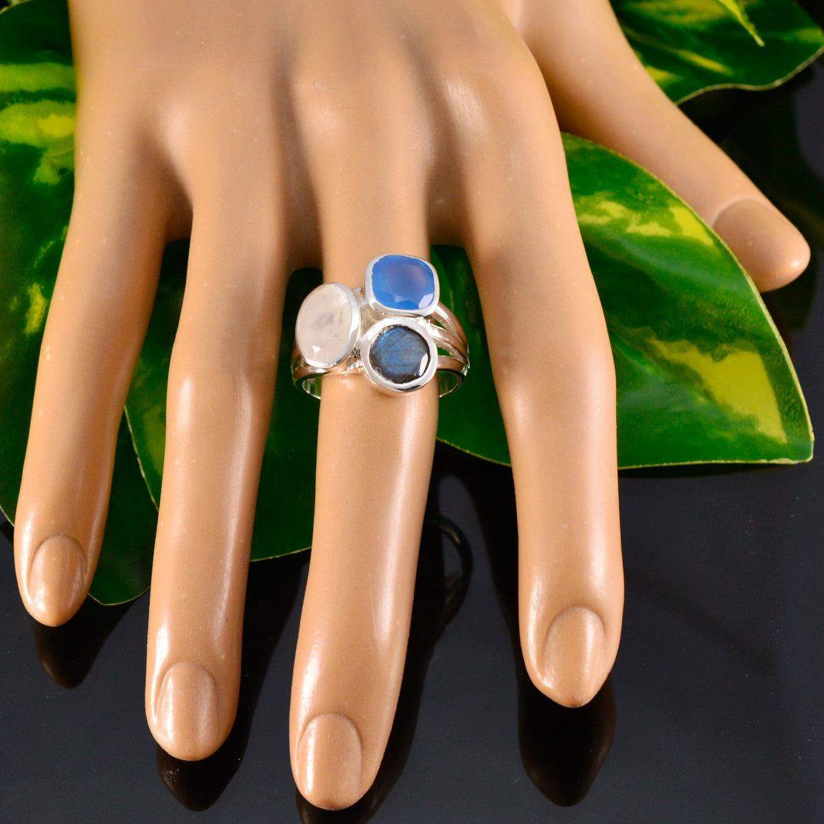 Multi Stone Trilogy Egyptian Silver multicolor Gems Eye catching Cocktail Ring Jewelry