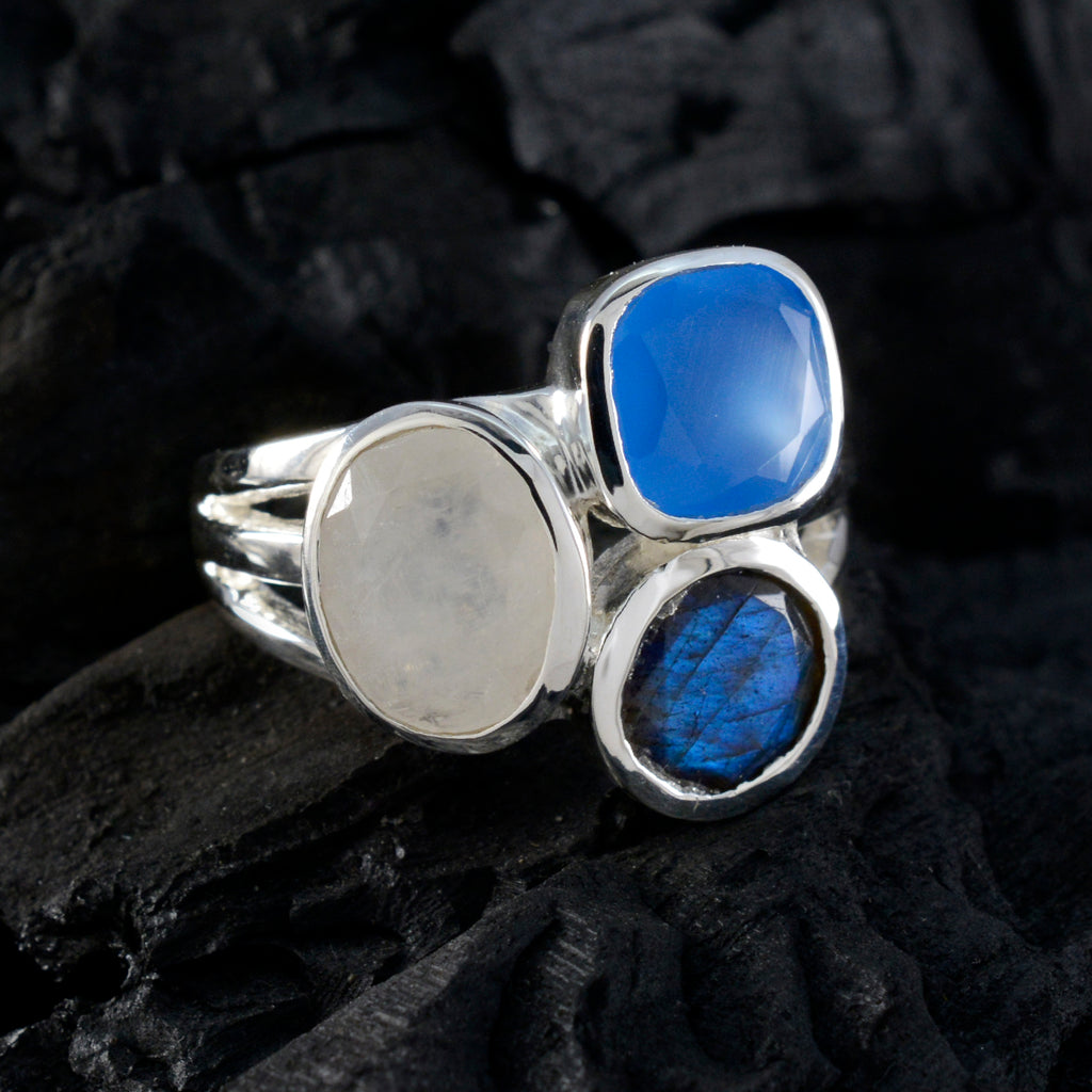 Multi Stone Trilogy Egyptian Silver multicolor Gems Eye catching Cocktail Ring Jewelry
