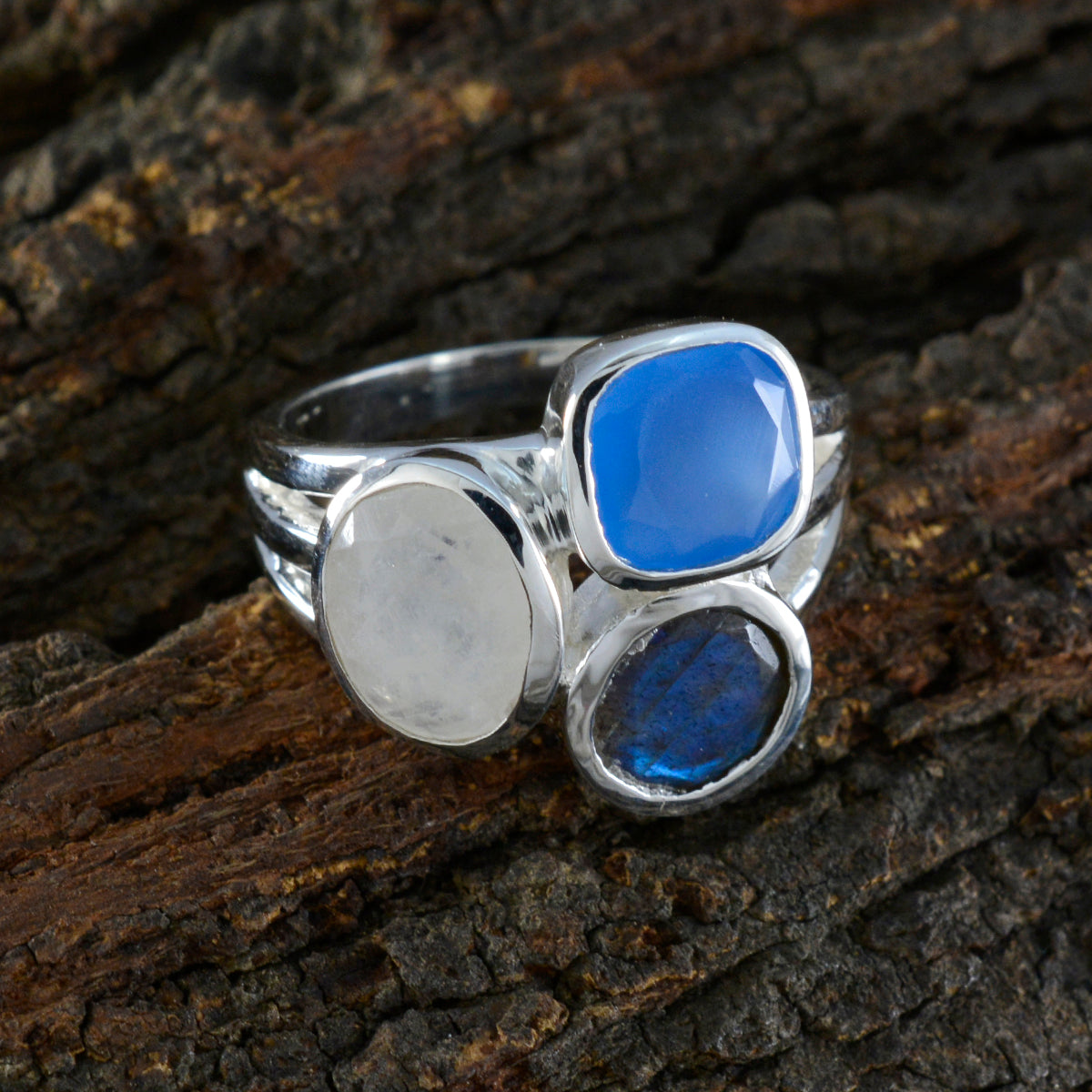 Multi Stone Trilogy Egyptian Silver multicolor Gems Eye catching Cocktail Ring Jewelry