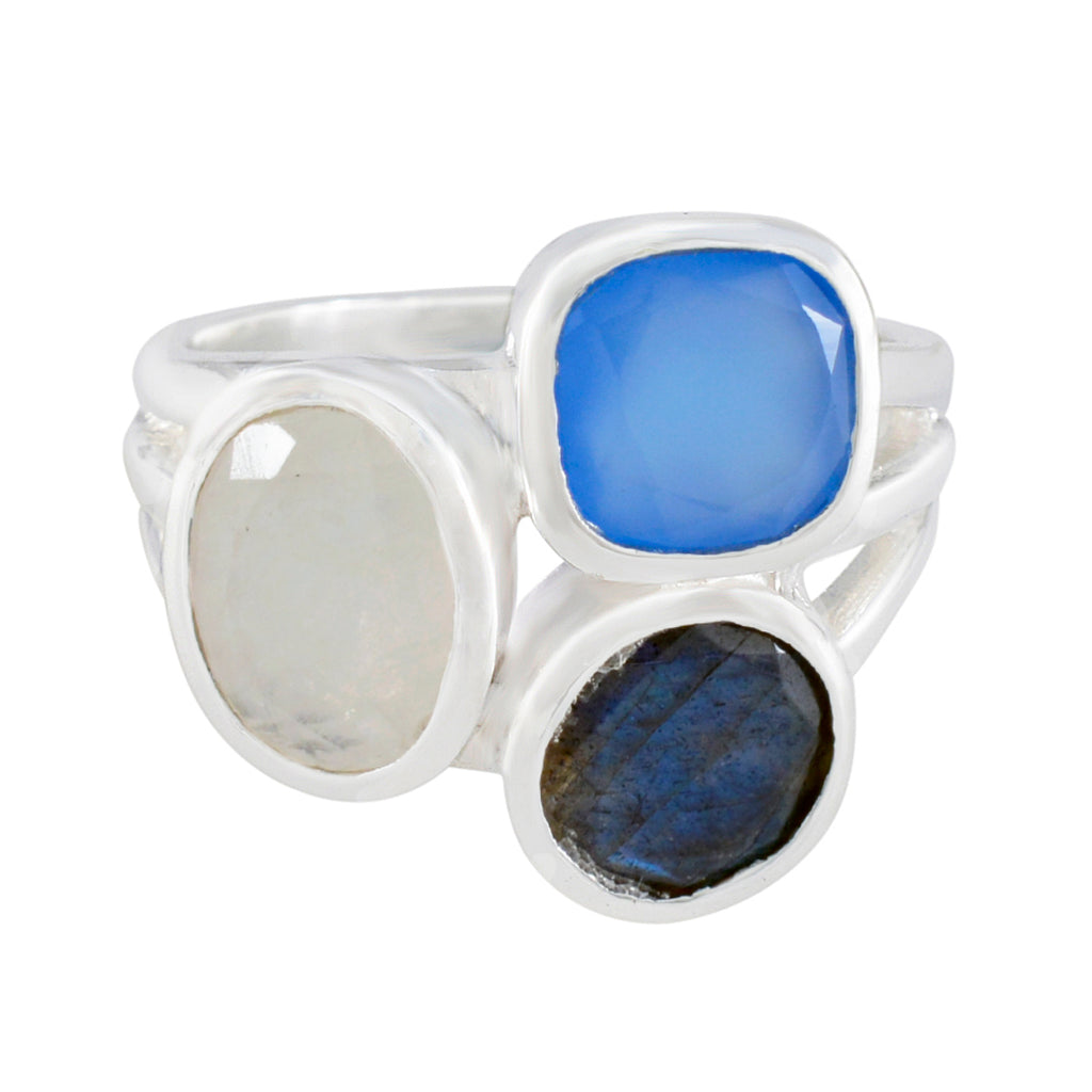 Multi Stone Trilogy Egyptian Silver multicolor Gems Eye catching Cocktail Ring Jewelry