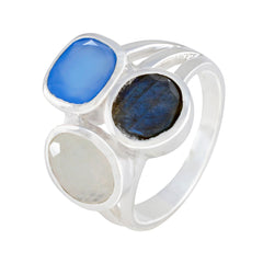 Multi Stone Trilogy Egyptian Silver multicolor Gems Eye catching Cocktail Ring Jewelry