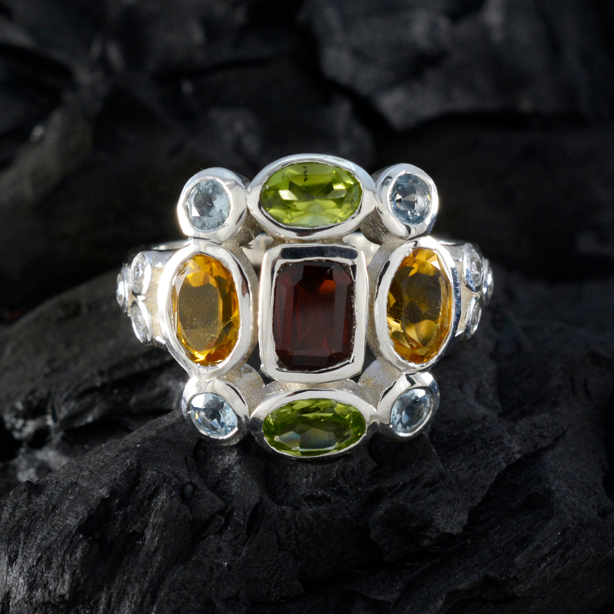 Multi Stone Navratna Egyptian Sterling Silver multicolor Gemstone Classic Cocktail Ring Jewelry