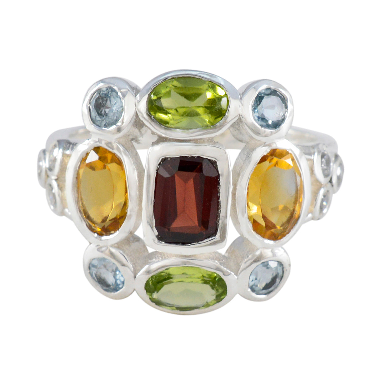 Multi Stone Navratna Egyptian Sterling Silver multicolor Gemstone Classic Cocktail Ring Jewelry Huvudsaklig produktbild