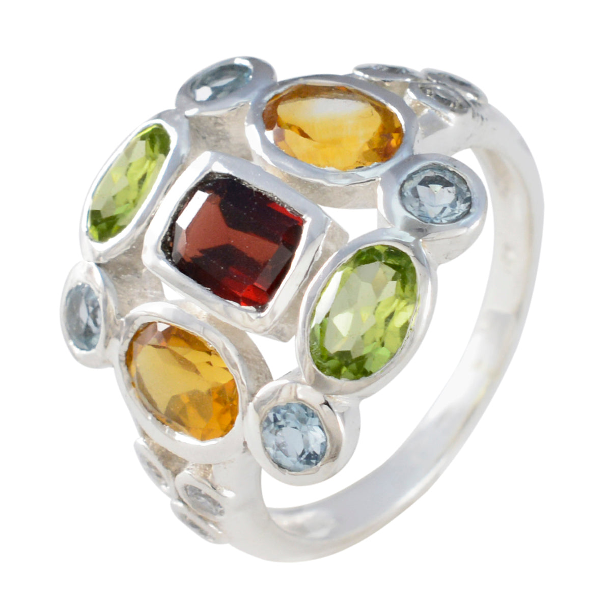 Multi Stone Navratna Egyptian Sterling Silver multicolor Gemstone Classic Cocktail Ring Jewelry