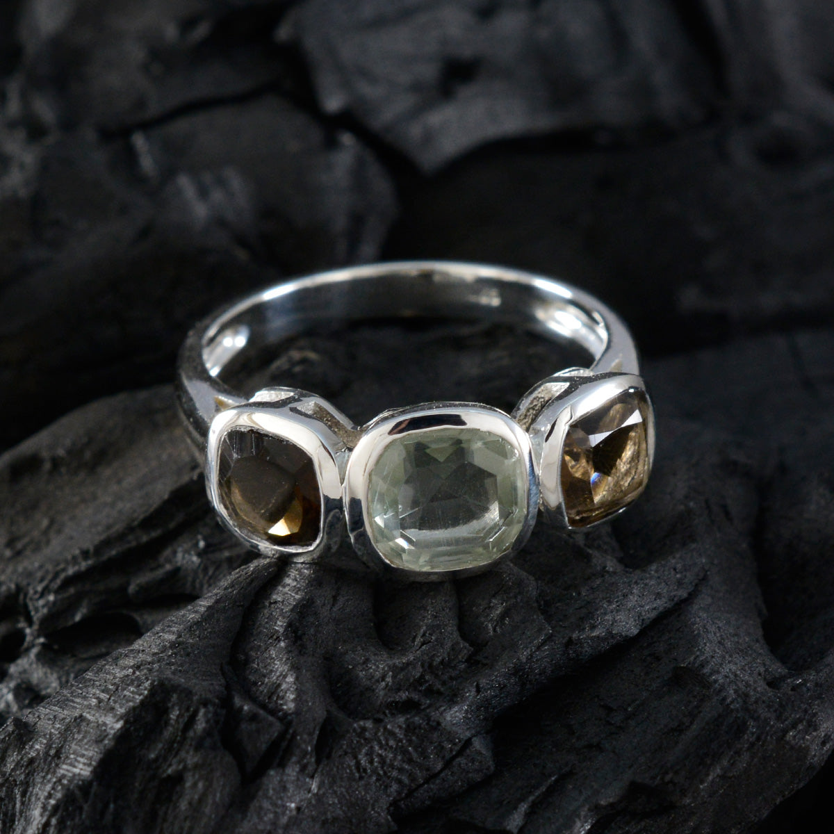 Multi Stone Trilogy Moroccan 92.5 Silver multicolor Gemstone Slim Cultural Ring Jewellery