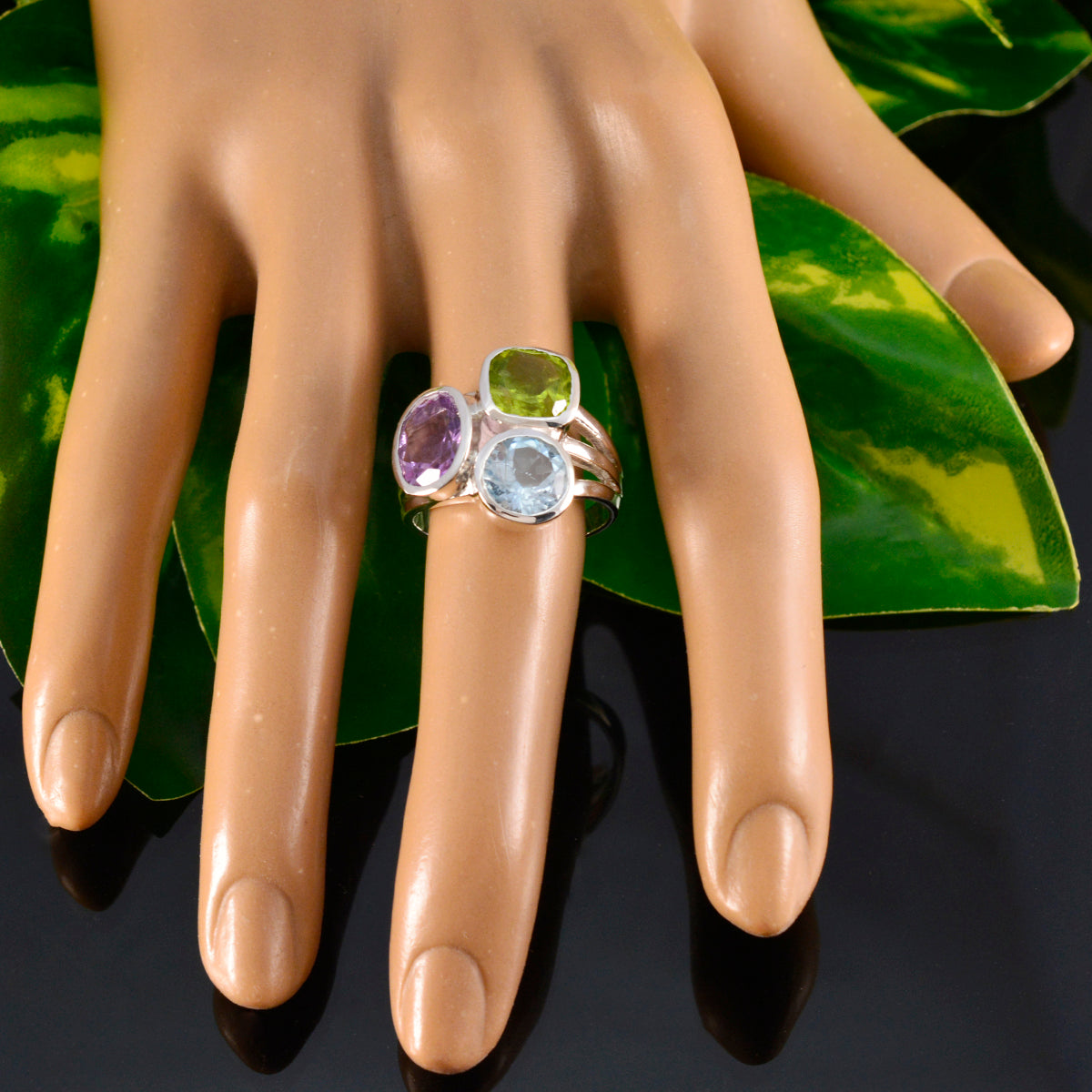 Multi Stone Trilogy French Sterling Silver multicolor Gemstone Eye catching Cocktail Ring Jewellery