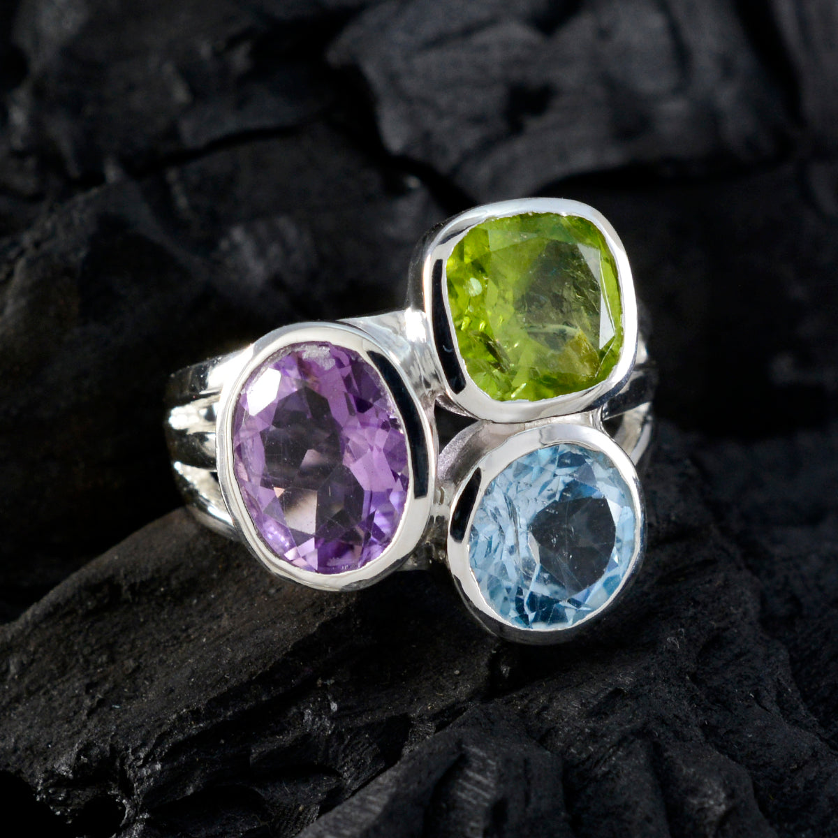 Multi Stone Trilogy French Sterling Silver multicolor Gemstone Eye catching Cocktail Ring Jewellery